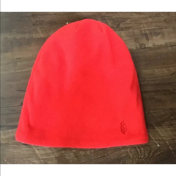 Free People Movement Fleece Beanie Red & Light Blue Contrast Cuff Logo